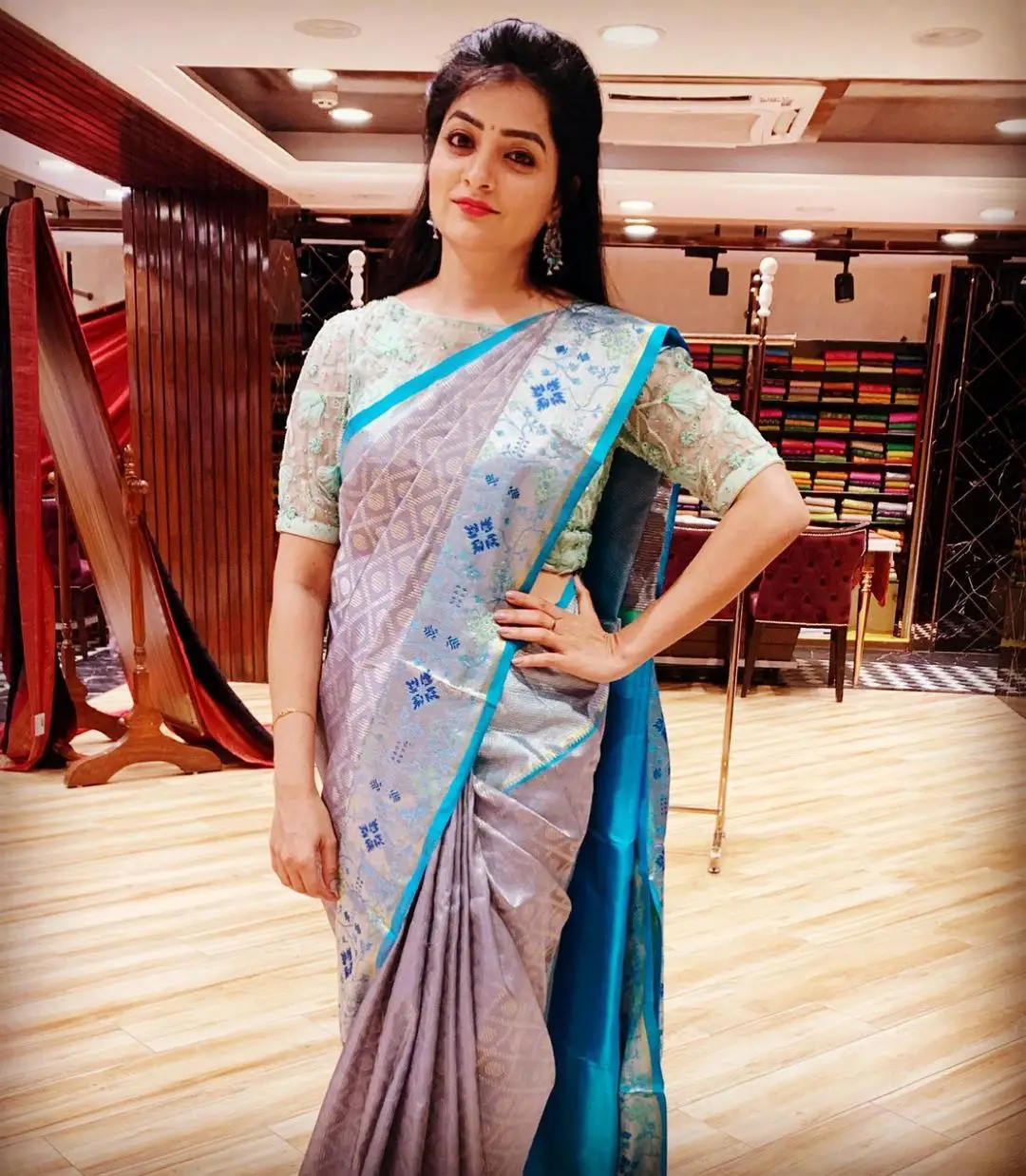 ETV Abhiruchi Madhuri Kandavalli In Blue pattu Saree Blouse